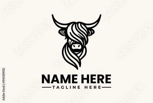 A minimalist illustration of a stylized bull's head with a flowing mane and horns, accompanied by a customizable 'NAME HERE' and 'TAGLINE HERE' text on a clean white background, suitable
