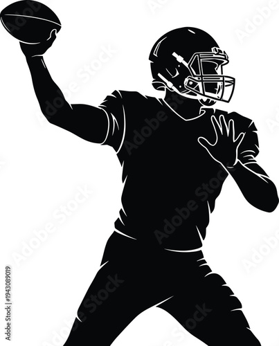 Black and white silhouette of American football quarterback throwing ball, dynamic sports action pose with helmet and uniform, athletic competition concept for sports illustration design