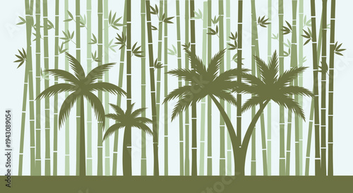 Stylized forest scene with bamboo and palm trees green nature background