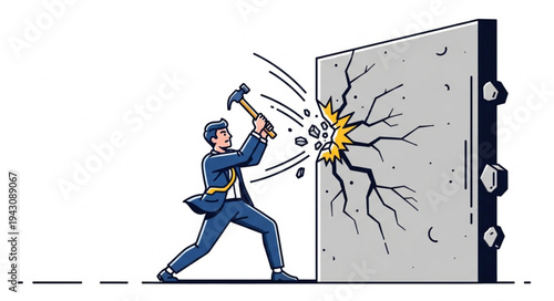 Man Breaking Metal Door with Hammer.
