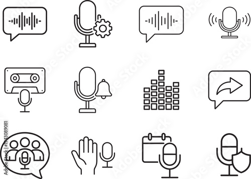 Line style voice technology icons featuring speech bubbles, sound waves and audio tools