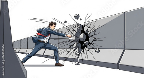 Man Breaking Glass Wall with Fist.