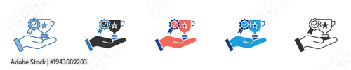 Icon set of a hand holding a trophy with stars and a medal, symbolizing achievement, success, victory, and recognition