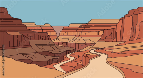 Illustrated canyon landscape with layered red rock formations and river