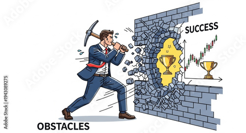 Man Breaking Through Brick Wall.