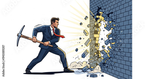 Man Breaking Through Brick Wall.