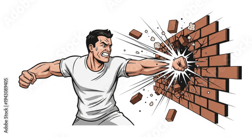 Man Breaking Through Brick Wall.