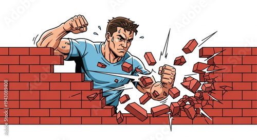 Man Breaking Through Brick Wall.