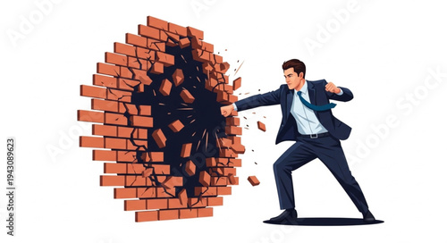 Man Breaking Through Brick Wall.