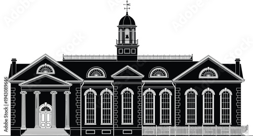 Detailed black and white architectural illustration of classical building with symmetrical design, cupola, bell tower, columns, pediments, arched windows, railing, and picket fence