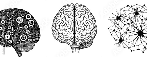 Human brain evolution concept featuring mechanical gears circuit board organic anatomy and digital neural network nodes for artificial intelligence technology development