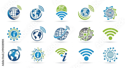 Collection of global network and communication logo designs, featuring earth and wifi symbols.