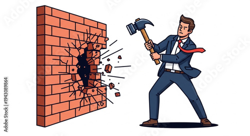 Man Breaking Brick Wall with Hammer.