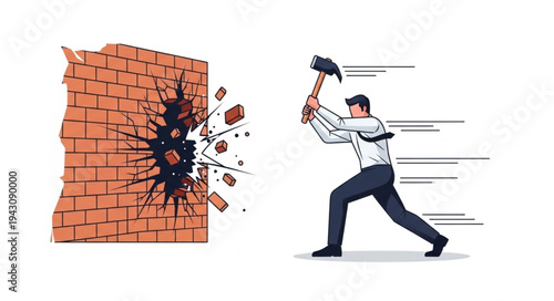 Man Breaking Brick Wall with Hammer.