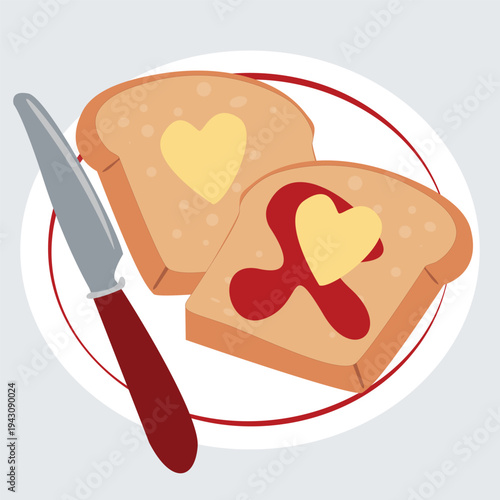 Breakfast, bread with butter and jam, on a nice plate and a butter knife. Vector drawing of food and its serving.