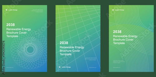 Set of Renewable Energy Brochure Cover Templates Featuring Green and Blue Gradients with Geometric Line Art for Sustainable Business Annual Reports