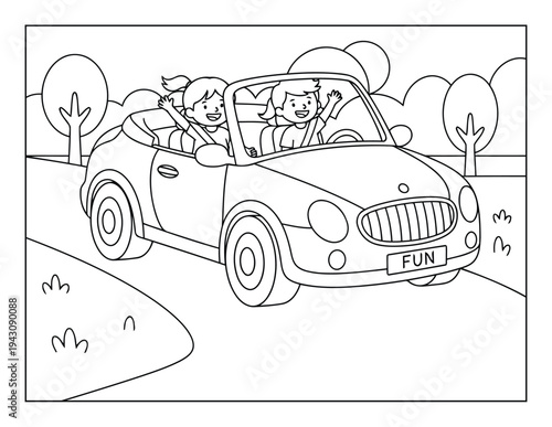 Convertible car coloring page illustration with happy kids driving on road scene