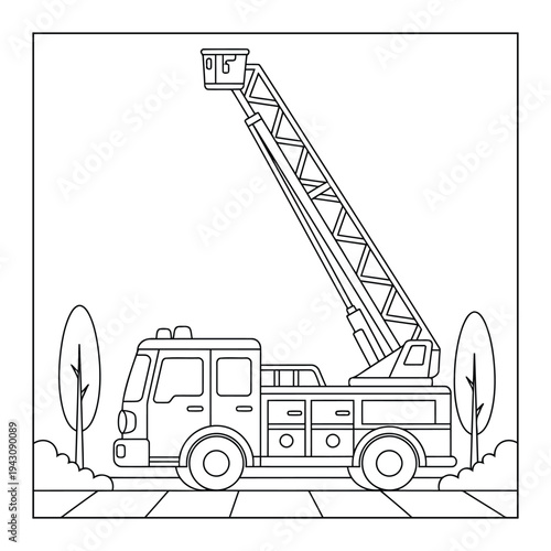 Fire truck coloring page illustration with rescue ladder vehicle line art scene