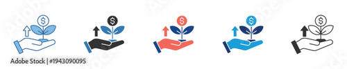 Hand holding growing plant with coin and upward arrow icon set, symbolizing financial investment, business growth, and successful development for future prosperity