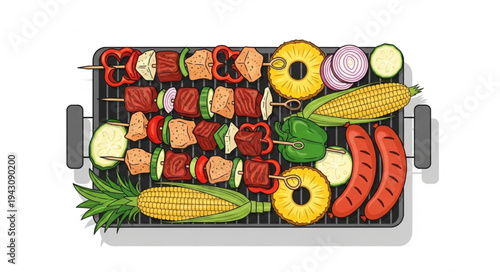 Grilled Skewers and Vegetables on a Grill Plate.