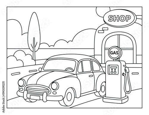 Gas station coloring page illustration with car refueling beside roadside shop