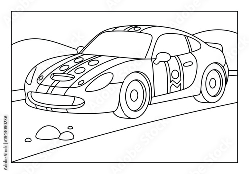 Sports car coloring page illustration of racing vehicle driving on open road