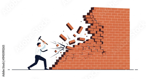 Man Breaking Brick Wall with Hammer.