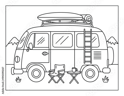 Campervan coloring page illustration parked at campsite with chair and table