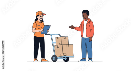 Female courier in orange uniform showing delivery documents to male customer while holding hand truck with packages.