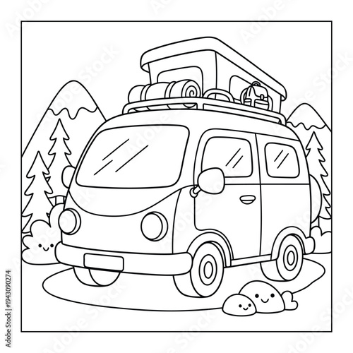 Campervan coloring page illustration parked in mountain forest for kids activity
