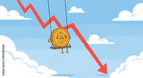 Cute bitcoin character sitting on wooden swing against blue sky backdrop with sharp red downward trend line graph.