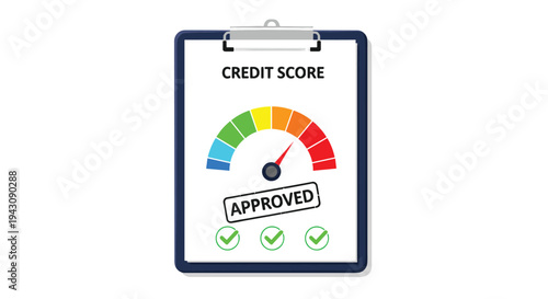High credit score meter displayed on clipboard with approved stamp and green checkmarks indicating financial reliability.