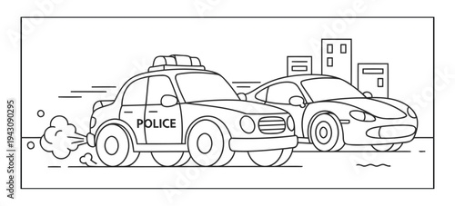 Police car chase coloring page illustration with patrol vehicle on city street
