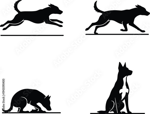 Dog silhouette set showing running walking sitting and sniffing poses, domestic pet animal vector illustration isolated black design