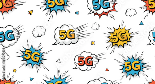 Seamless pattern of colorful comic book style speech bubbles with 5G text representing high speed mobile network.