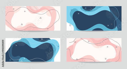 Set of four abstract horizontal banners featuring soft pastel and deep blue fluid shapes with geometric patterns.