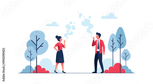 Man and woman in professional attire smoking cigarettes while standing in outdoor park area with stylized trees.