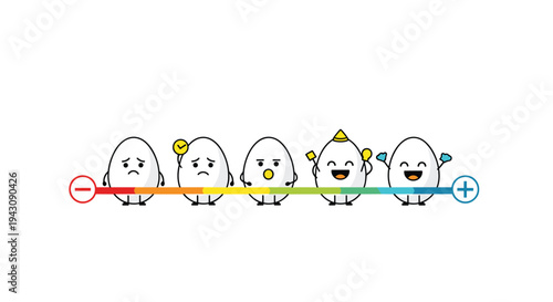 Line of cute egg characters representing different levels of satisfaction on colorful mood and feedback scale.