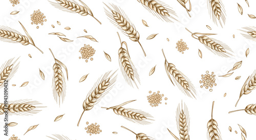 Vintage style seamless pattern with hand drawn golden wheat ears and grains scattered on white background for bakery.
