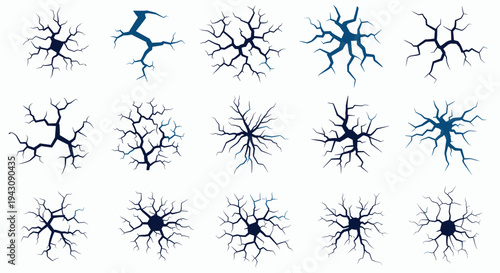 Collection of different black cracks and fissures patterns isolated on white background for ground or wall texture.