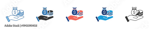 Hand holding a money bag and stacked coins, symbolizing financial concepts such as savings, investment, income, and charity, presented in diverse modern icon styles