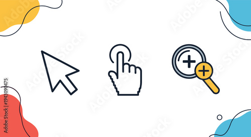Modern line icons of computer mouse arrow pointer clicking hand and magnifying glass on colorful abstract background.