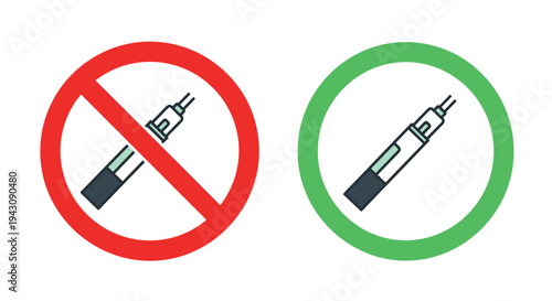 Medical icons comparing prohibited and permitted use of injection syringes marked with red cross and green circle.