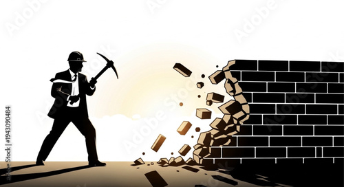 Man Breaking Brick Wall with Pickaxe.