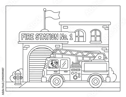 Fire truck coloring page illustration parked outside fire station building