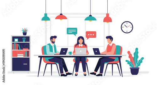 Diverse team of professionals working on laptops in a modern and brightly lit office environment with creative decor.