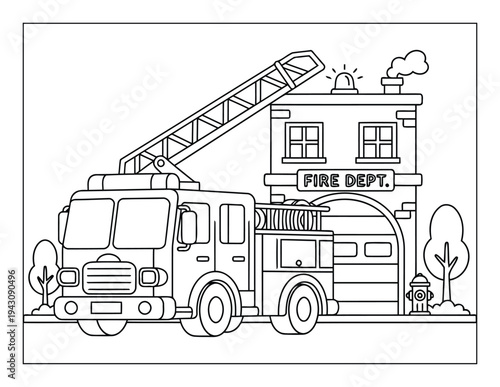 Fire truck coloring page illustration with ladder parked at fire department building