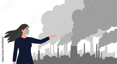 Woman wearing a protective face mask points towards a city skyline covered in heavy industrial smoke and pollution.