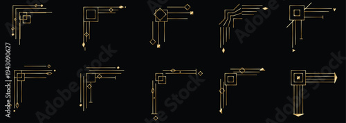 Collection of Ten Elegant Art Deco Style Gold Corner Frames on a Black Background for Luxurious Invitation and Stationery Design