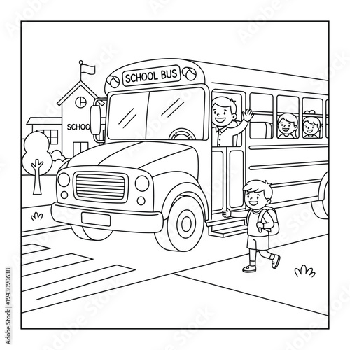 School bus arriving at campus with cheerful children boarding for a fun day learning